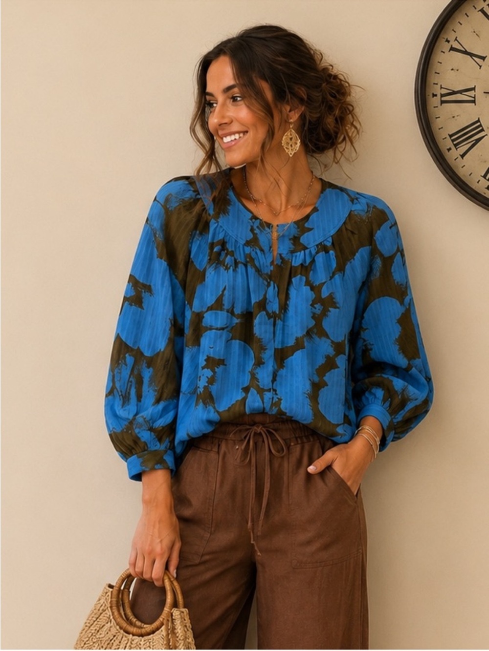 Rose & Olive Blue and Olive Floral Tie-Dye Blouse
